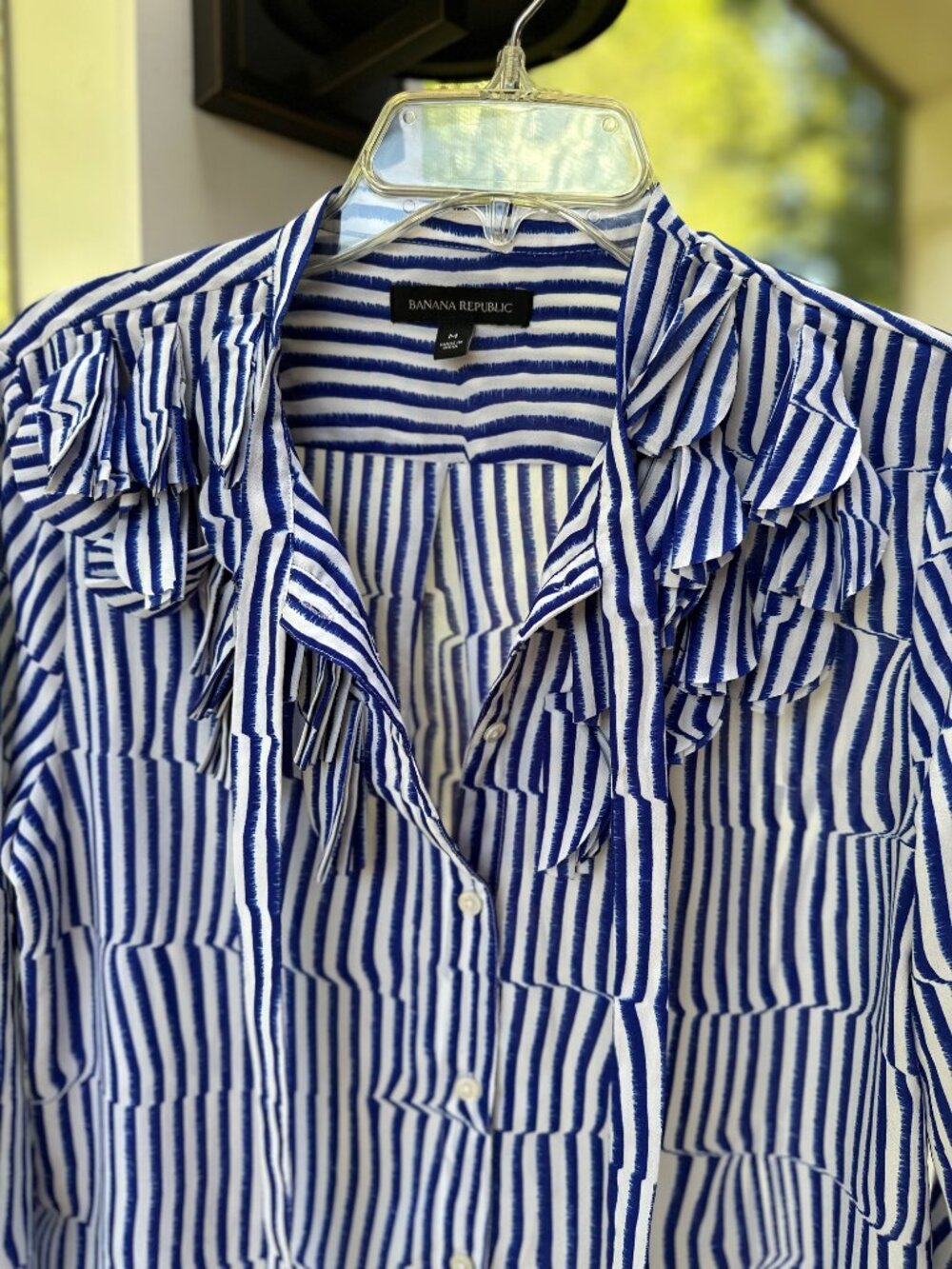 Banana Republic Elise Blouse Tie Neck Ruffle Flutter Royal Blue White Stripe MED